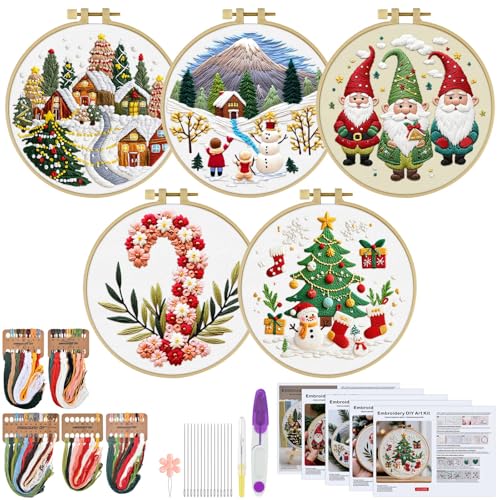 ERKOON Embroidery Kit for Beginners, 5 Sets Christmas Cross Stitch Set for Adults Include Embroidery Cloth Hoops Threads for Craft Lover Hand Stitch with Skill Techniques (Christmas#2) - color: Christmas#2