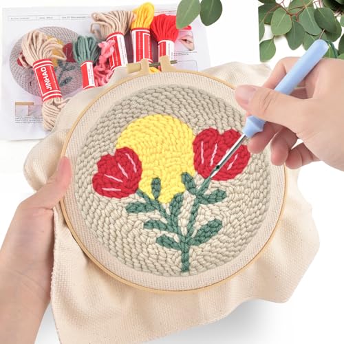 ERKOON Punch Needle Kit Adults Beginners, 2 Pcs DIY Easy Floral Embroidery Set for Starter Art Craft, Needling Punching Project with Patterns, Tools, Yarns, Hoop, Instruction (Rose) - color: Rose