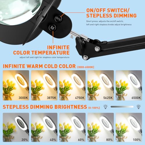 HITTI 2200 Lumens 15X Magnifying Glass with Light and Clamp, 5-Inch Glass - size: 15X 5Inch Large Glass
