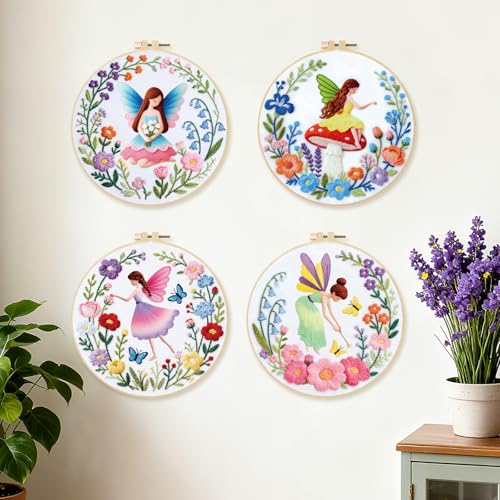 BEUNITONE 4 Set Fairy Patterns Embroidery Kit for Beginners 7.9"x7.9" DIY Complete Needlepoint Kits for Adults, Cross Stitch Starter Kit with Hoops and Instructions, Handmade Gifts for Home Decor - style: A-Fairy