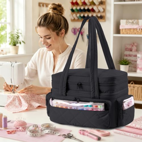 AMOIGEE Puffy Double-Layer Sewing Storage Bag with 2 Clear Organizer Boxes - color: Black