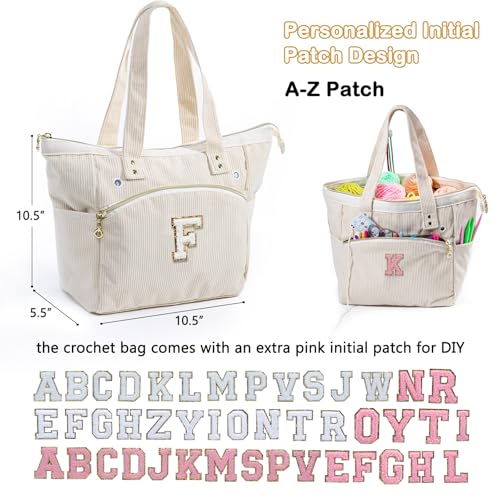 Initial Personalized Crochet Tote - Corduroy Yarn Storage - Holder for Crochet Hooks, Accessories, Project Bag - size: F