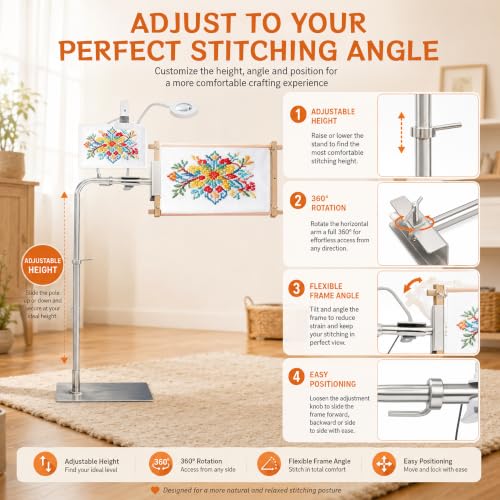 Needlepoint Stand, Adjustable Embroidery Stand & Cross Stitch Floor Stand with Lighted Magnifier, Heavy Duty Metal Frame Stand Holder for Hoops, Q-Snap & Scroll Rods up to 20" Wide