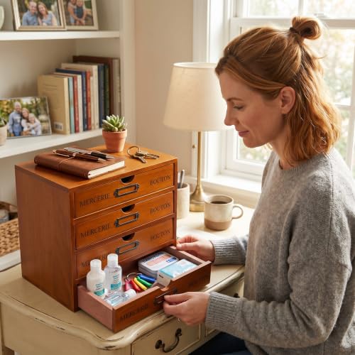 Wesiti Wooden Desk Organizer, 4 Drawers, Vintage Makeup Cabinet, Brown - color: Brown, size: 4 Drawers