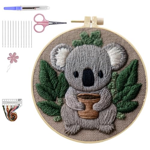 HCANPER Cute Koala Embroidery Starter Kit,DIY Needle Punch Kit, Punch Needle Kits for Beginners,Include Pre-Printed Fabric,Tools,Embroidery Hoop,Threads. (Cute) - color: Cute
