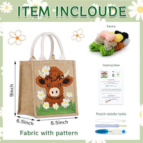 PUNICA Punch Needle Kits for Beginners with Highland Cow Pattern - Burlap Tote Bag for Adults & Kids, DIY Embroidery Starter Kit | Easy Craft Gifts (9x6.5x8.5 Inch)
