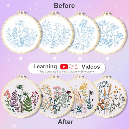 Huacan Embroidery Kit for Adults Beginners with 4 Hoops & Gift Box - color: Floral