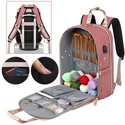 SINVICKO Crochet Bag, Knitting Bag Backpack and Totes Organizer with USB Charging Port, Large Yarn Storage Tote Bag - color: Pink