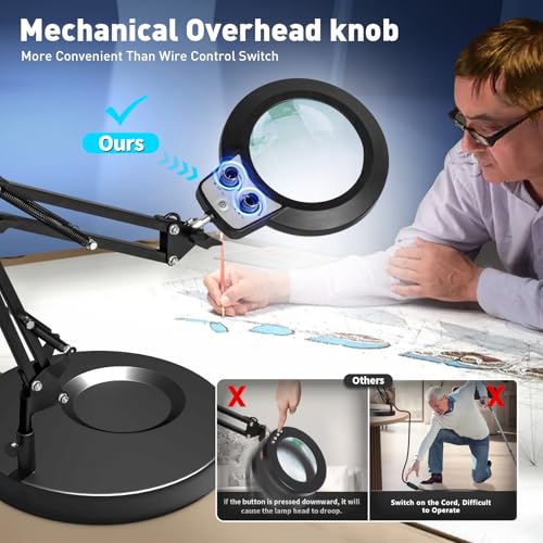 KIRKAS 12X Magnifying Glass with Light and Stand, Overhead Knob 2 in 1 - size: 12X 9.06 INCH Base & Clamp