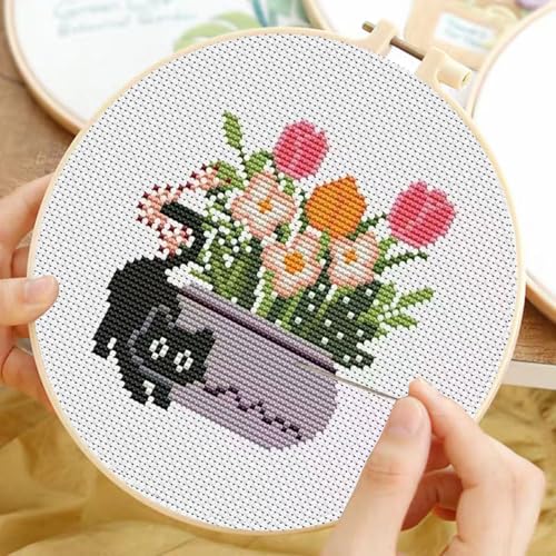 TCDZMYGS 3 Pack Stamped Cross Stitch Kits for Beginners-Plant Cat,with Hoop - color: Cat-1