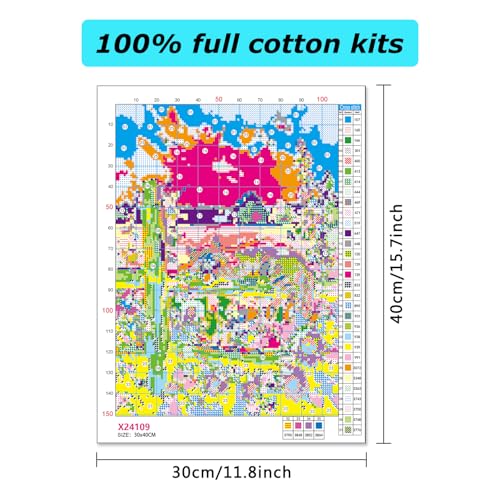 MBNTJHT Cat Stamped Cross Stitch Kits,Cat Sleeping on Fence Cross Stitch Ornament Kits for Adults Beginners,11CT Counted Embroidery Needlepoint Kit Art and Crafts 12x16 Inch. - color: X24109