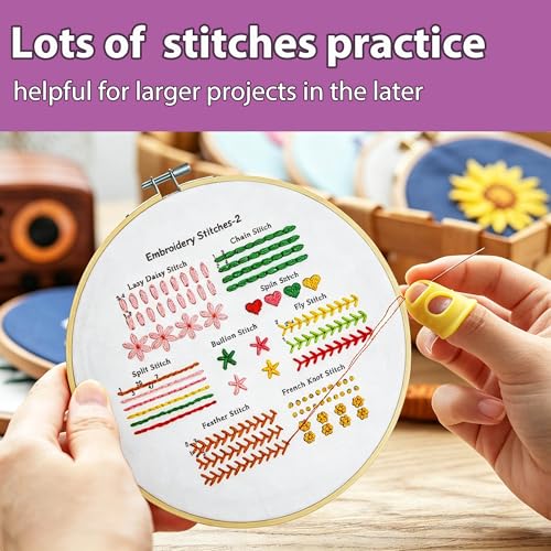 Sutesloly Embroidery Kit for Beginners Adults, 4 Sets Learn to Floral Patterns Simple Starter kit for Beginners, Easy Practice Kit, 7.8inch Hoop, Hand DIY Craft for Women，Purple - color: purple