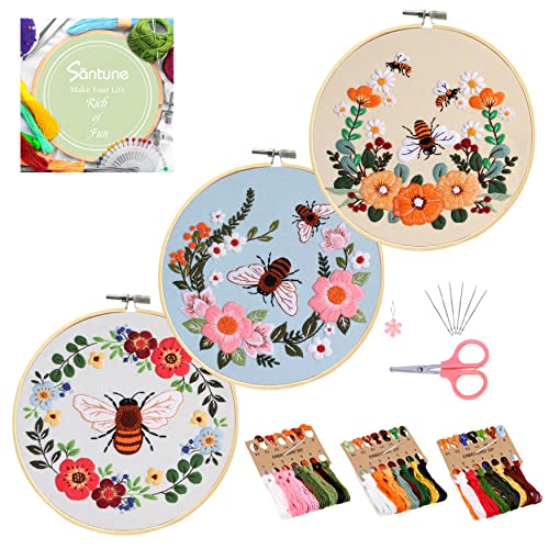 Santune 3 Pack Bee Embroidery Kit for Beginners Adult Cross Stitch Kits Hand Embroidery with Animal Patterns and Instructions,DIY Sets for Women with Hoop,Threads and Needles - color: Bee Series