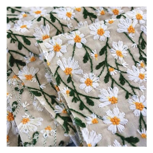 Primst 3D Daisy Embroidery Cotton Linen Fabric by The Yard for Sewing DIY Clothes Dress Tablecloth Bag Cushion (Beige,47.2" x 39.4") - size: 47.2" x 39.4"