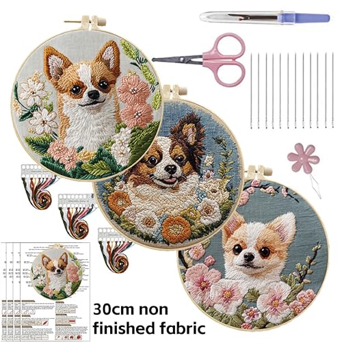 HCANPER Cute Dog Embroidery Starter Kit,DIY Needle Punch Kit, Punch Needle Kits for Beginners,Include Pre-Printed Fabric,Tools,Embroidery Hoop,Threads,Easy for Adults and Children. (White) - color: White