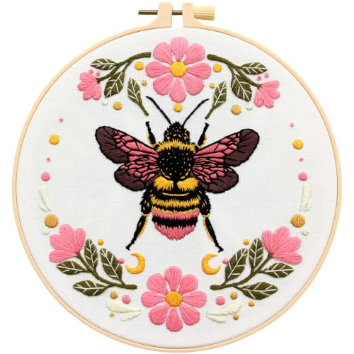 Bees Flowers Embroidery Kits for Beginners Adults, Hand Embroidery Starters Kits, Floral Stamped Cross Stitch Kits DIY Needlepoint Kits for Beginners Adults, Embroidery Hoop, Thread and Video Tutorial - color: H2111