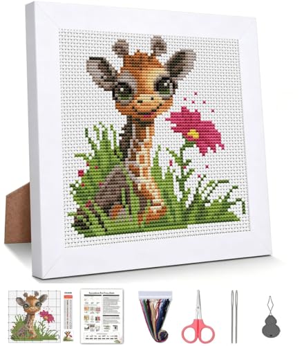 Cute Giraffe Stamped Cross Stitch Kits for Beginners Adults with Framed - color: DKJ008