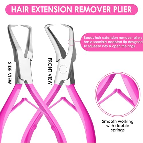 Beauty & Crafts Hair Extension Tools- Stainless Steel Pliers Set for Micro Beads- 1 Crochet Needle 1 Pulling Hook with Tail Comb- Micro Links Tool Kit with Leather Pouch- (Pink) - color: Pink