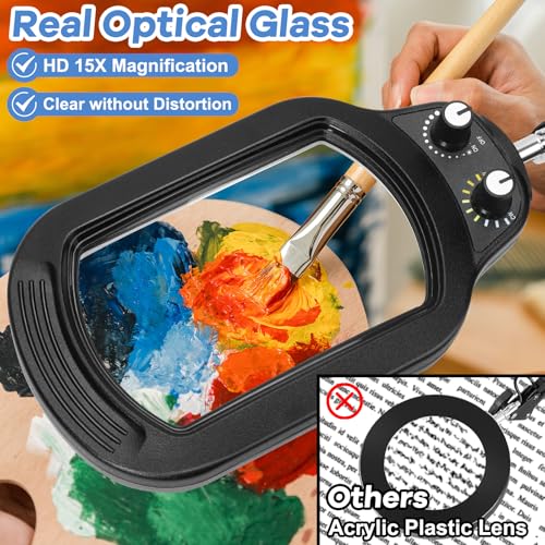 15X Rectangle Magnifying Glass with Light and Stand, Real Glass Lighted Magnifier Hands Free, Mechanical Knob 5 Color Modes Stepless Dimmable, 2-in-1 LED Desk Lamp with Clamp for Close Work, Reading
