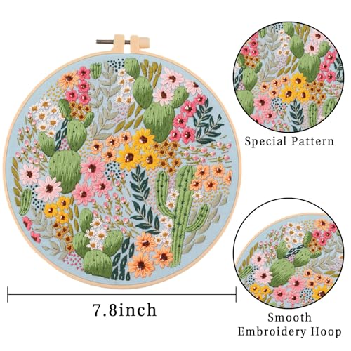 WEENEO Floral Embroidery Kit for Beginners Adults Cactus Plant Cross Stitch Kits Funny Hand Embroidery Starter Kit with Flower Pattern and Embroidery Hoop,Threads and Needles,3 Embroidery Set DIY Kits - color: Floral