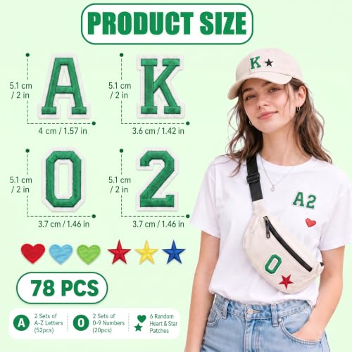 Jongdari Iron On Letters and Numbers Patches for Clothing, 2" Embroidery Alphabet Letterman Jacket Patche A-Z & 0-9 Applique for Backpack & Fabric (Green 78pcs) - color: Green, size: 52 Letters + 20 Numbers + 6 Patches
