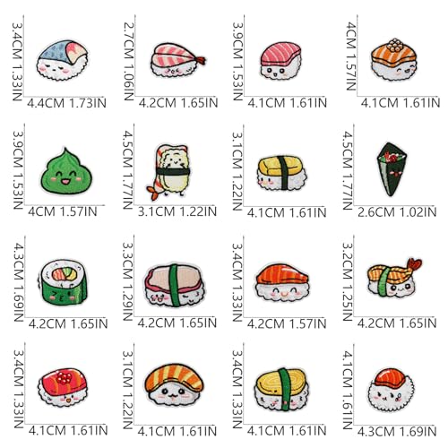 16pcs Sushi Iron/Sew on Patches, Delicious Food Embroidered Applique, Cute Decoration for Clothes, Hat, Bag, Dress, Shirt, Jeans - color: 16pcs Sushi
