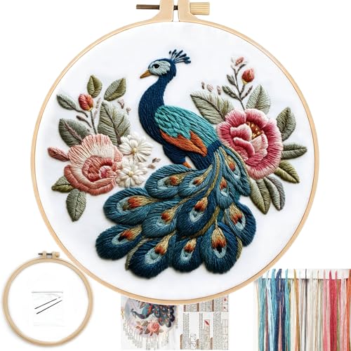 FONNUY Flower Peacock Embroidery Kit for Beginners, Cross Stitch Kits for Adults, Handmade Crafts with Printed Pattern Set, Color Thread Needlework, 8'' Hoop (Peerless Peacock) - color: Peerless Peacock