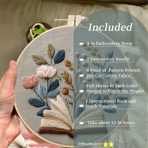 FONNUY Embroidery Kit for Beginners, Flower Book Pre-Stamped Pattern Kits for Adults with Hoop, Cross Stitch Easy to Follow Color Thread Needlework, 8'' Hoop (Brown) - color: Brown