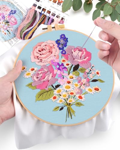 ERKOON Embroidery Kit for Beginners, Flower Cross Stitch Set for Include Embroidery Cloth Hoops Threads for Craft Lover Hand Stitch with Embroidery Skill Techniques (Bouquet) - color: Bouquet