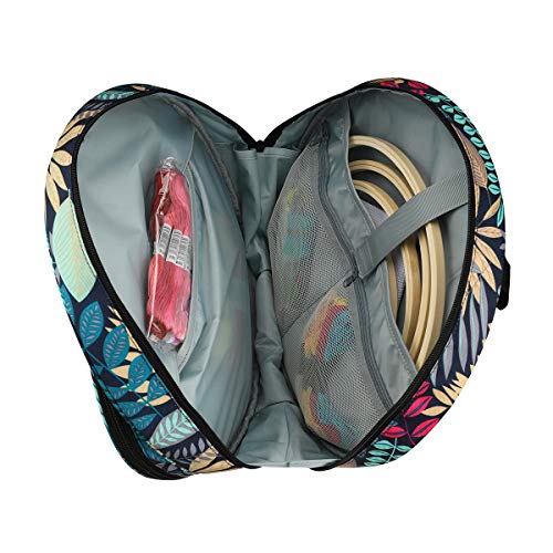 Shinyzone Cross Stitch Storage Bag with Leaf Print, Embroidery Projects Organiser, Sewing Crafts Storage Tote with Zipper Pockets for Embroidery Hoops, Charts and Threads - color: Leaf Print
