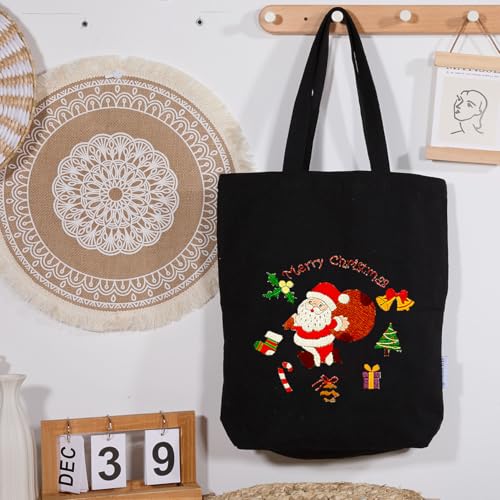 CREAWONDER Canvas Tote Bag Embroidery Kit with Pattern for Beginners, Arts and DIY Embroidery Crafts Kits for Adults, Include Instructions, Thimble, Embroidery Hoops, Color Threads and Tool - color: CR002 SantaClaus