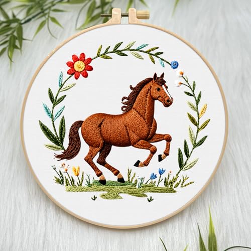 ERKOON Embroidery Kit for Beginners Adult, Cross Stitch Set Include Embroidery Cloth Hoop Threads for Craft Lover Hand Stitch with Embroidery Skill Techniques (Horse) - color: House