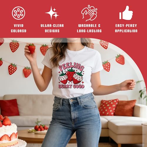 Dazoratix Strawberry Iron on Transfers - 20 Sheets Pink Coquettee Bow DTF Ready to Press Heat Patches Stickers Vinyl Decals for Girls Women T Shirts Clothes Pillow Bag DIY Crafts Appliques Decorations - style: Strawberry