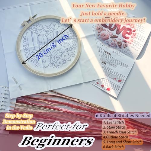 FONNUY I Love You Embroidery Kit for Beginners, Pre-Stamped Pattern Kits, Romantic Anniversary for Women Men, Valentine's Day Gifts Thread Needlework, 8'' Hoop (Love 02) - color: Love 02