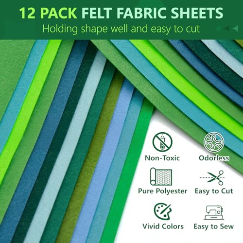 12 Rolls 8"x35" Large Stiff Felt Sheets, 1mm Felt Fabric Sheet for Crafts - color: Green Series