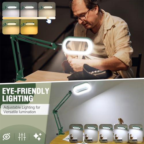 Veemagni 12X Rectangle Magnifying Glass with Light and Stand, 5 Color Modes Stepless Dimmable, 2-in-1 LED Lighted Desk Lamp & Clamp, Hands Free Magnifier for Reading Crafts Painting Close Work - Green - color: Green