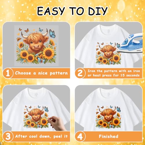 20 PCS Sunflower Heat Transfer Vinyl Stickers - Western Cowgirl/Truck/Butterfly/Cross Design Iron On Patches, Durable PU Vinyl Heat Transfer Decals for T-Shirts, DIY Clothing/Accessories/Bags/Hats