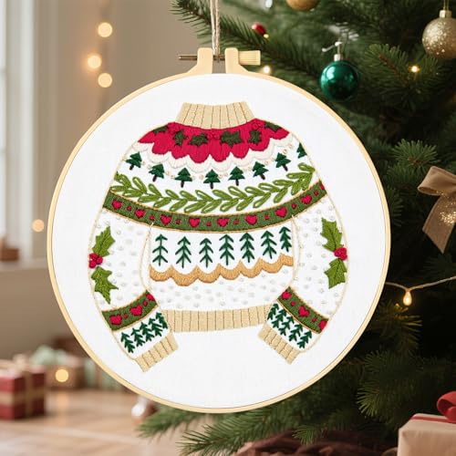 Crafmanoe Christmas Embroidery Kits for Beginners Embroidery Stitches Practice Kits for Adults, Christmas Cross Stitch Kits for Beginners Craft Kits, Embroidery Hoops, Fabric, Threads & Video Tutorial - color: H2050