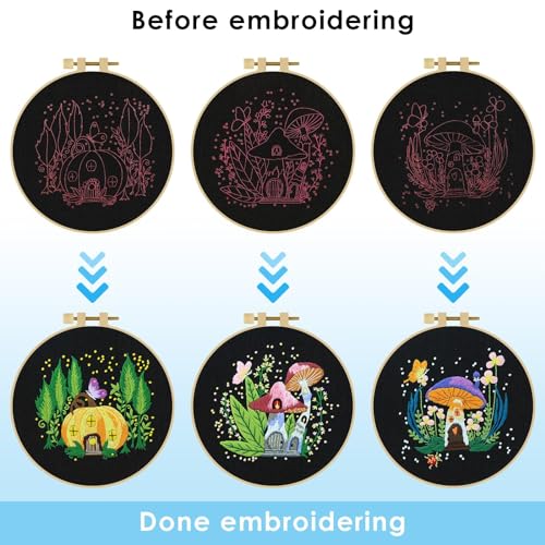 ERKOON 5 Sets Embroidery Kit for Beginners Adult Mushroom Cross Stitch - color: Black-Mushrooms