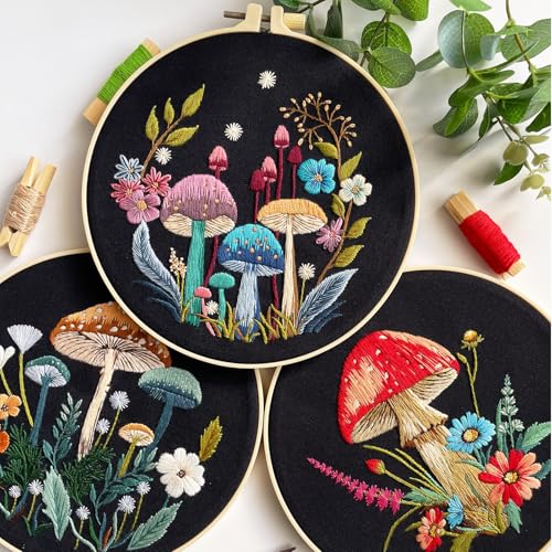 Myfelicity Embroidery Kit with Mushroom Patterns, 3 Hoops, Fabric, Threads, Needles, Instructions (Colorful) - color: colorful