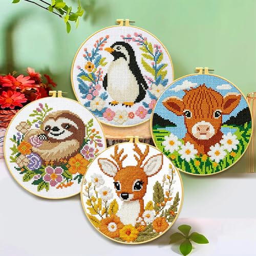 Zhenqing 4-Piece Animal Cross Stitch Kit for Beginners - Complete Set with Pre-Printed 11CT 24x24cm Fabric, Hoop & Tools (Penguin, Sloth, Cow, Deer Designs)(70405) - color: 70405