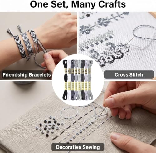 8Pcs 7.5m Cotton Stitch Embroidery Thread Floss DIY Friendship Bracelets Floss Craft Sewing Skeins Grey Fashion Embroidery Floss for Arts,Embroidery Thread and Floss, Crafts and Sewing