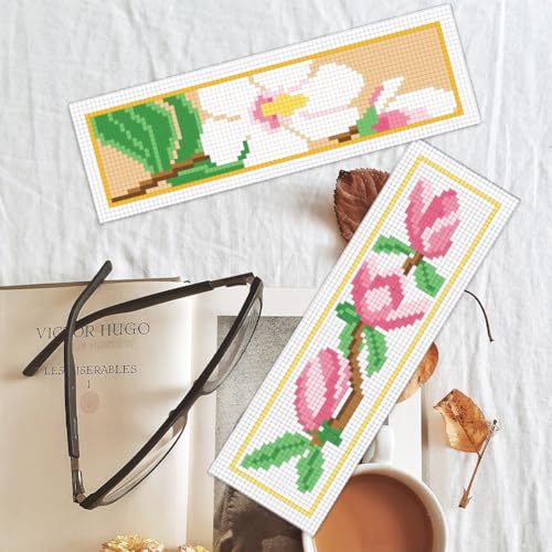 BEUNITONE 6 Pcs Flower Cross Stitch Bookmark Kits for Beginners Magnolia DIY Stamped Cross Stitch Kit Vintage Floral Embroidery Kit with Instruction for Craft Book Lover Reader Writer 8''x2.4'' - style: Magnolia