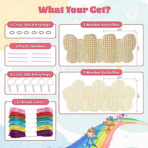 VKPI Wooden Cross Stitch Kits for Kids, Make Your Own 6 Cross Stitching Keyrings, Wood Sewing Kit, Arts & Crafts Butterfly, Flower Ornaments, Embroidery Kit for Beginners, Girls, 6-13 - color: Butterfly & Flower