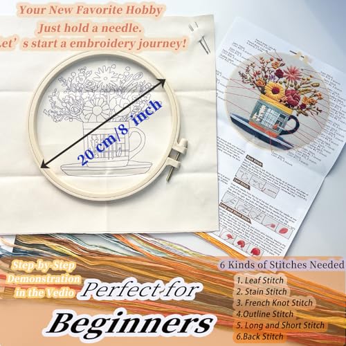 FONNUY Floral Embroidery Kit for Beginners, Colorful Flowers Pre-Stamped Pattern Kits for Adults with Hoop, Thread Needlework, 8'' Hoop (Cup) - color: Cup