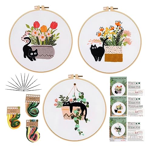GLTAYLMY 3pcs Embroidery Kit for Beginners DIY Adult Beginner Embroidery Kits with Cat Pattern 1 Embroidery Hoops Needles Threads and Instructions - color: Cat