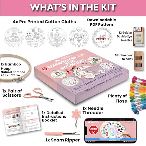 Moni Crafts Adult Beginner Embroidery Kit – 4 Pre-Printed Patterns (Flower, Mushroom, Floral, Heart) – Learn 41 Stitches, Hand Embroidery Starter Craft Set - color: Beginners - Practice B