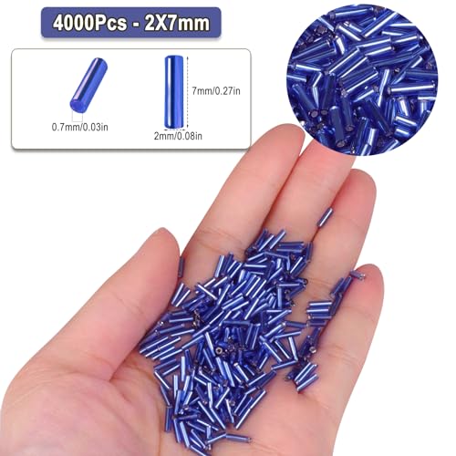4000pcs Dark Blue Bugle Beads Bulk -Embroidery Beads,Long Tube bead for Jewelry Making, Bracelet Necklaces Supplies,Craft DIY(7x2mm) - color: Dark blue