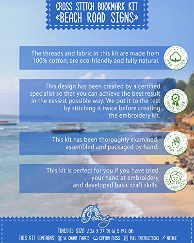Povitrulya Beach Signs Cross Stitch Bookmark - Coastal Wood Signs Embroidery Set with Paper Pattern, 16 Count Aida Cloth and Pre-Sorted Floss - color: Beach Signs