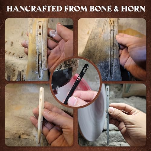 Savina Set 2 Nalbinding Needle Bone & Horn with Large Two-Eyed. Handmade Binding Tool, Multipurpose Weaving/Knitting/Stitching Needles for Craft Work